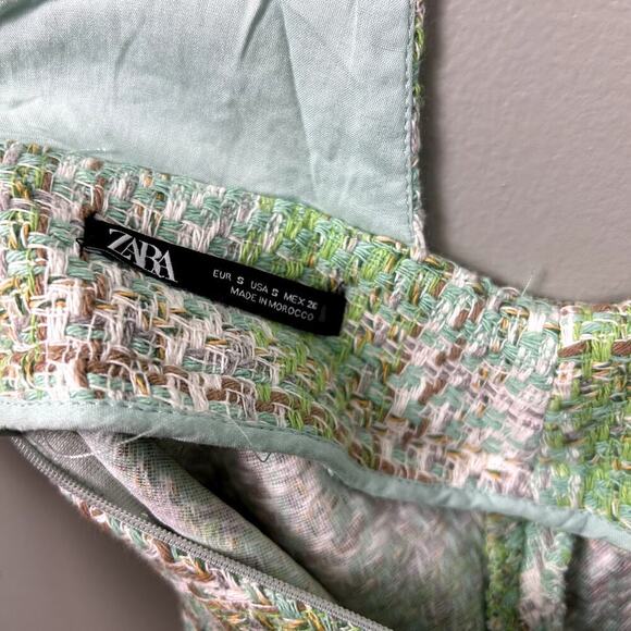 Zara Plaid Pinafore Tweed Dress Pastel Green White Overall Mini size Small - Picture 14 of 15